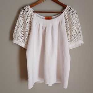 Voom By Joy Han Open Knit Bubble Sleeve Babydoll Top White Pleated